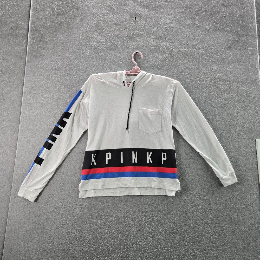 PINK Victoria's Secret Women Sweatshirt S/P White Colorblock Logo Text‎ Campus